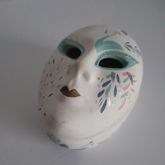 Hand Painted Trinket Box Oval Harlequin Mask Clay Teal Gold Sparkles Mystical - Picture 3 of 6
